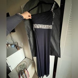 One Shoulder, Low Back Navy Blue Prom Dress with Sequins